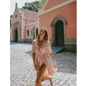 Anthropologie X Faithful the Brand Rivera Floral Wrap Dress Cream Red 10 Medium